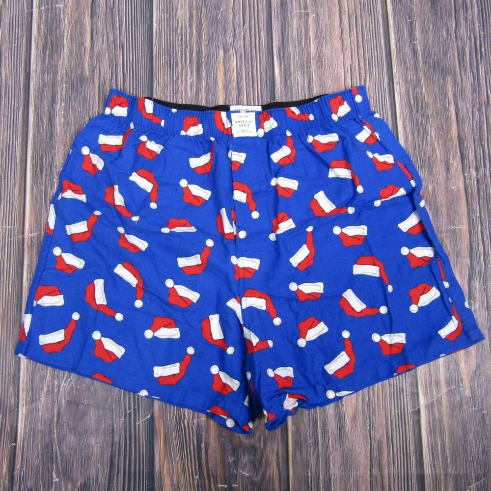 American Eagle NEW Mens Medium Boxer Shorts Blue Santa Hat Gift